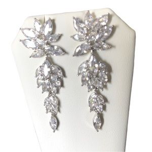 Bridal Wedding Earrings Dangle Silver Rhinestone Leaf Cluster Statement Earrings
